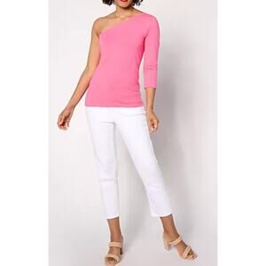 2/$30 Attitudes by Renee QVC Washed Cotton One-Shoulder Top Sz L Summery Pastel